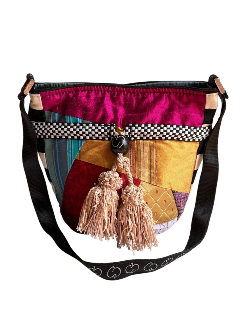 Silver Plum Colorful Patchwork Silky Shoulder Tote Bag w/ Tassels